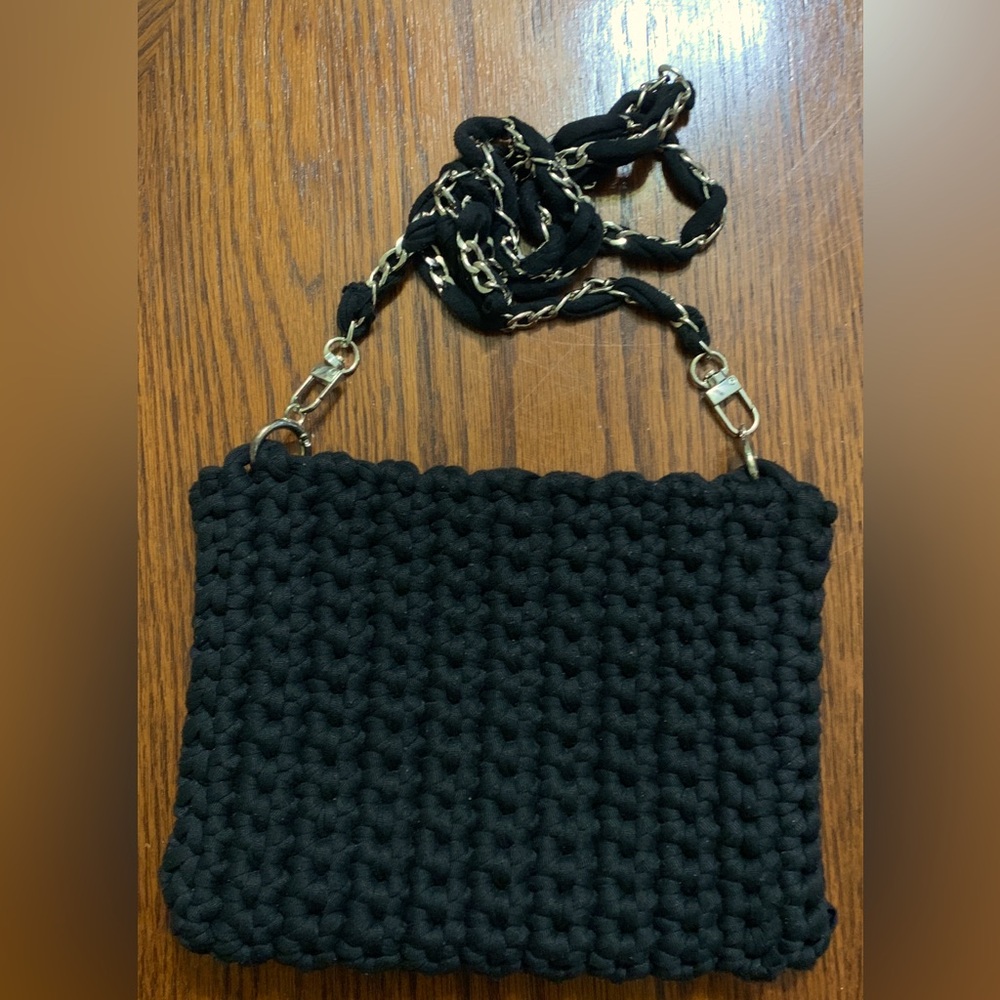 Black Crochet Textured Crossbody Bag with Chain Strap Handwoven
